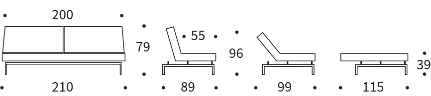 Splitback King Single Sofa Bed with Chrome Legs Dimension